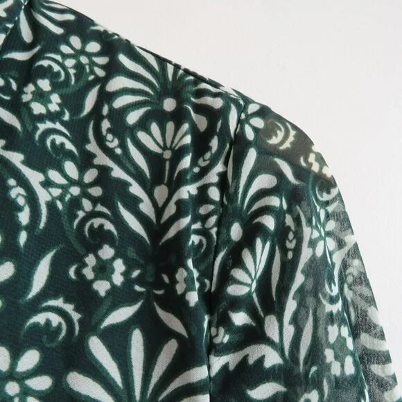 ZARA Sheer Leaf Print Belted Button Front Dress in Forest Green Boho - Size S - Picture 8 of 16